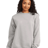 Hanes Heather grey crewneck fleece sweatshirt on female model, blank pullover ideal for custom screen printing