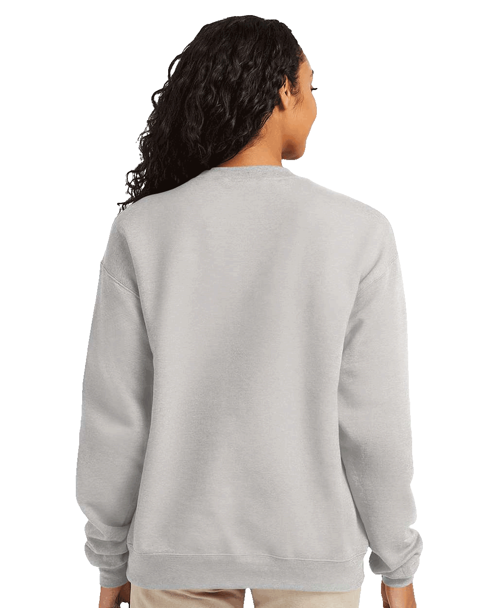 Hanes Back view of heather grey crewneck sweatshirt on female model, blank fleece pullover ready for custom screen printing