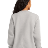 Hanes Back view of heather grey crewneck sweatshirt on female model, blank fleece pullover ready for custom screen printing