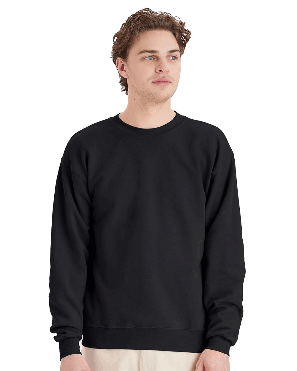 Hanes Black crewneck fleece sweatshirt on male model, unisex blank pullover ready for custom screen printing