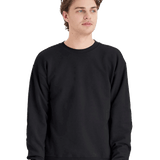 Hanes Black crewneck fleece sweatshirt on male model, unisex blank pullover ready for custom screen printing