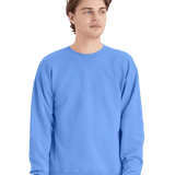 Hanes Sky blue crewneck fleece sweatshirt on male model, unisex blank pullover ready for custom screen printing