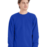 Hanes Royal blue mustard crewneck fleece sweatshirt on male model, blank unisex pullover ready for custom screen printing