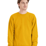 Hanes Golden mustard crewneck fleece sweatshirt on male model, blank unisex pullover ready for custom screen printing