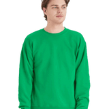 Hanes Kelly green crewneck fleece sweatshirt on male model, blank unisex pullover ready for custom screen printing