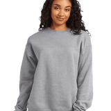 Hanes Heather graphite crewneck fleece sweatshirt on female model, blank pullover ready for custom screen printing