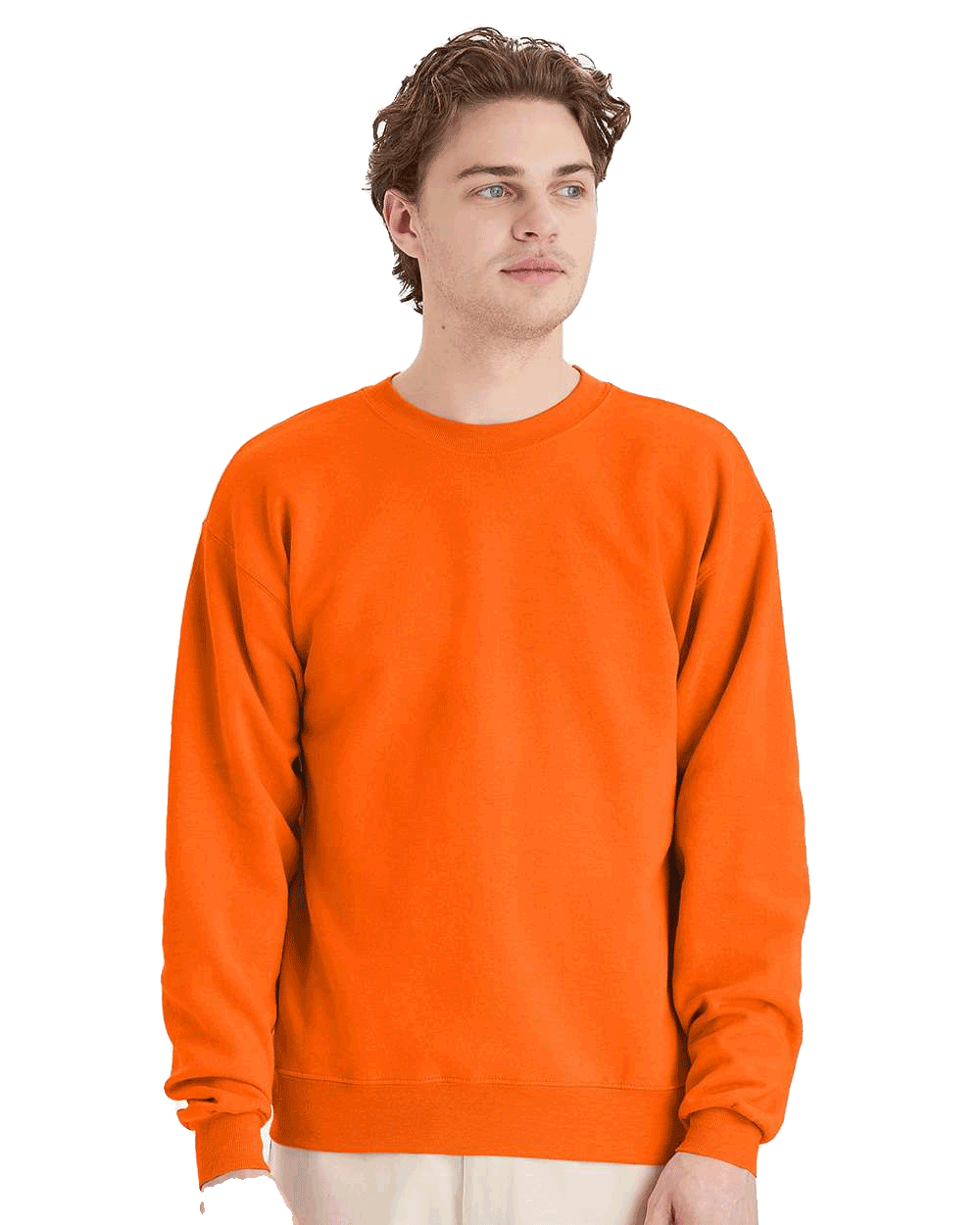 Hanes Bright orange crewneck fleece sweatshirt on male model, blank pullover ready for custom screen printing