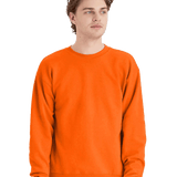 Hanes Bright orange crewneck fleece sweatshirt on male model, blank pullover ready for custom screen printing