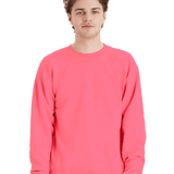 Hanes Coral pink crewneck fleece sweatshirt on male model, blank pullover ready for custom screen printing