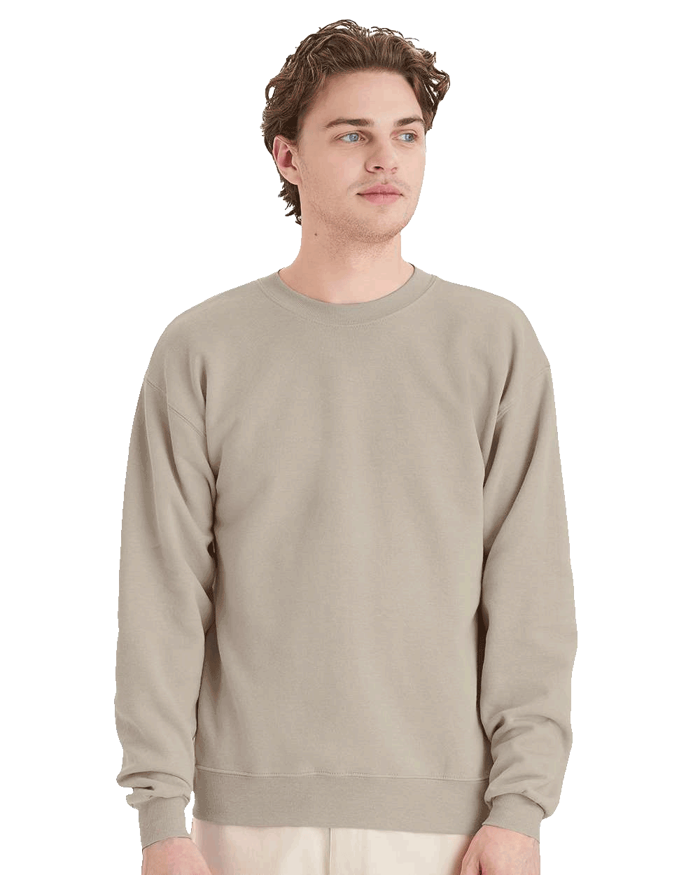 Taupe crewneck fleece sweatshirt on male model, unisex blank pullover ready for custom screen printing