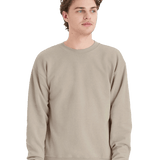 Taupe crewneck fleece sweatshirt on male model, unisex blank pullover ready for custom screen printing