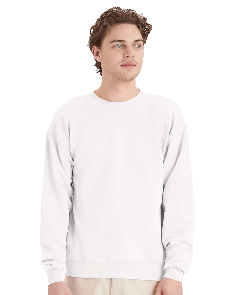 Hanes White crewneck fleece sweatshirt on male model, blank pullover perfect for custom screen printing