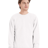 Hanes White crewneck fleece sweatshirt on male model, blank pullover perfect for custom screen printing