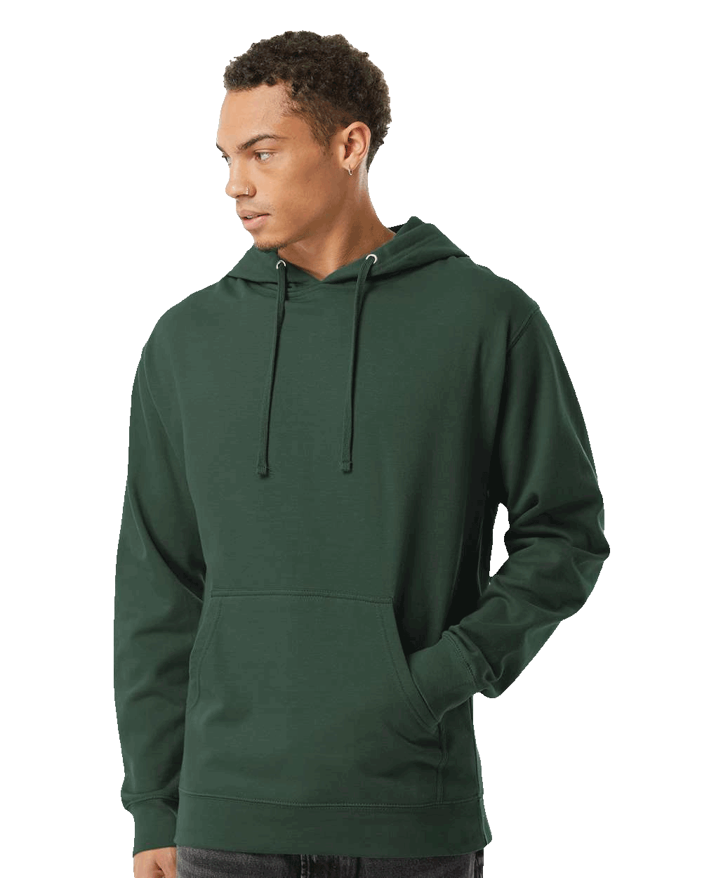 Man in a dark green pullover hoodie with drawstrings and a kangaroo pocket, standing with one hand in pocket