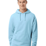 Male model in a light blue hoodie β Front view showing drawstrings, kangaroo pocket, and light wash jeans