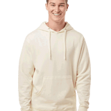 Male model wearing a plain cream hoodie β Front view with kangaroo pocket and drawstrings, paired with light blue jeans