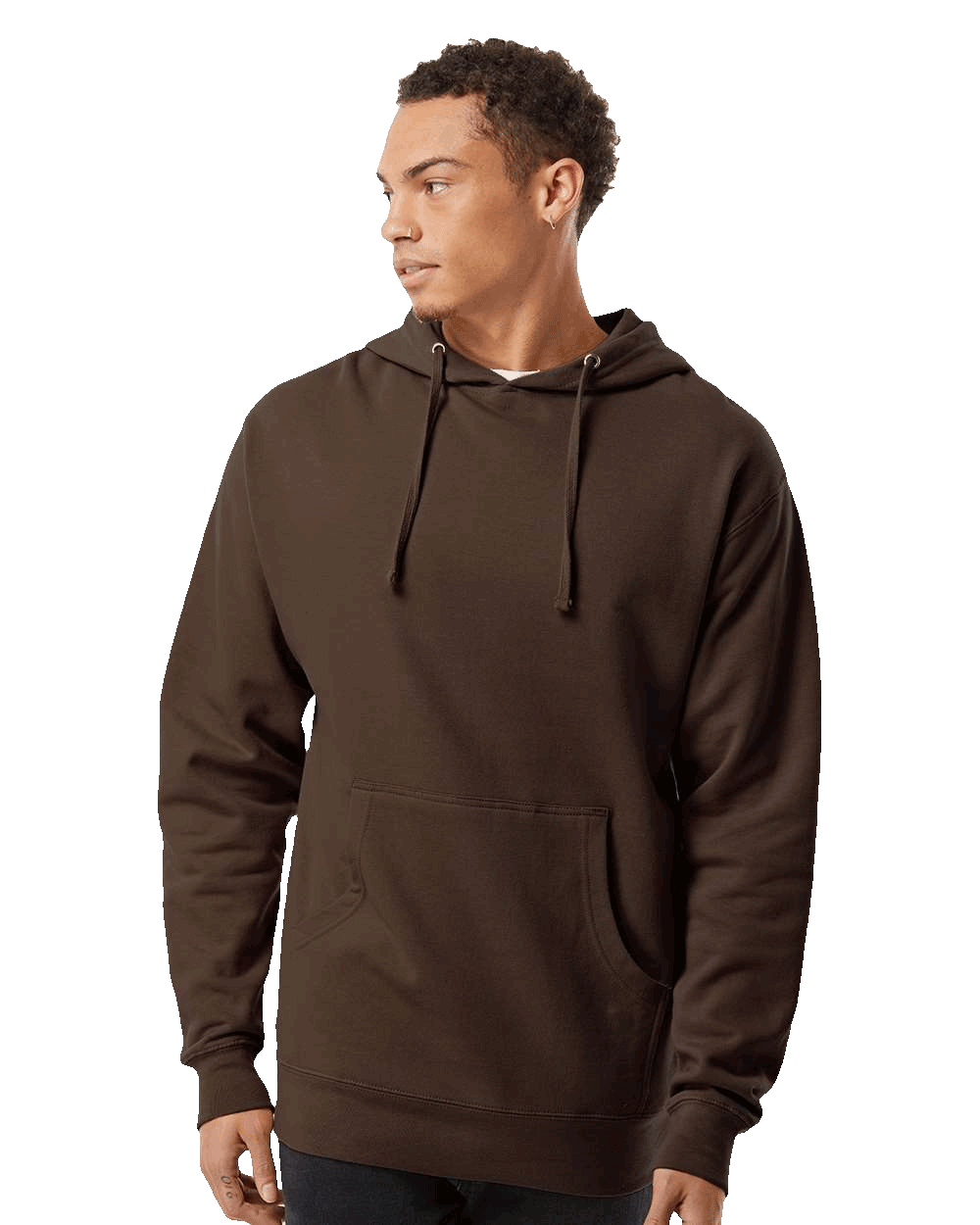 Male model wearing a plain brown hoodie β Front view with hood down and hands relaxed, styled with black pants.