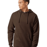 Male model wearing a plain brown hoodie β Front view with hood down and hands relaxed, styled with black pants.