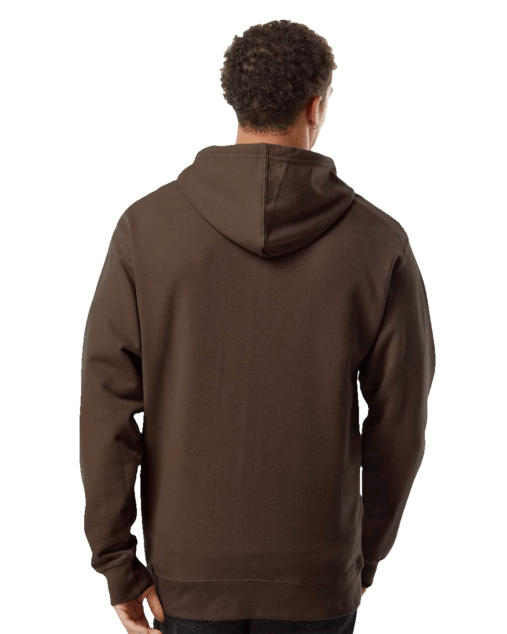 Male model facing away, showing the back of a plain brown pullover hoodie with hood up