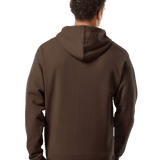 Male model facing away, showing the back of a plain brown pullover hoodie with hood up