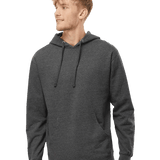 Independent Trading Co Male model wearing a charcoal gray pullover hoodie with kangaroo pocket and drawstrings, looking to the side