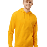 Independent Trading Co Bright yellow hoodie β Smiling male model in a vibrant yellow pullover hoodie with front pocket and drawstring hood