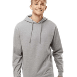 Light gray hoodie β Smiling male model in a heather gray pullover hoodie with kangaroo pocket and drawstrings