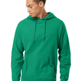 Green pullover hoodie β Male model in bright green hoodie with front pocket and drawstrings, paired with dark denim jeans