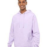 Light purple pullover hoodie β Male model in a lavender hoodie with drawstrings and front pocket, styled with dark jeans