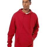 Man modeling a red hoodie with drawstrings and kangaroo pocket, styled over a white crew neck shirt