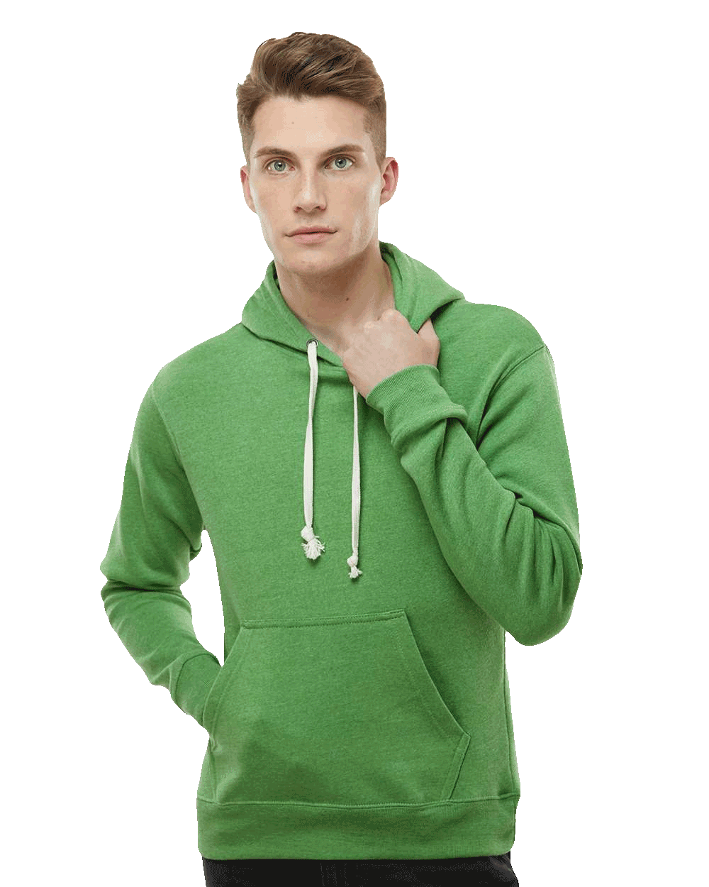Man wearing kelly-green pullover hoodie with white drawstrings and kangaroo pocket, ideal blank canvas for custom printing