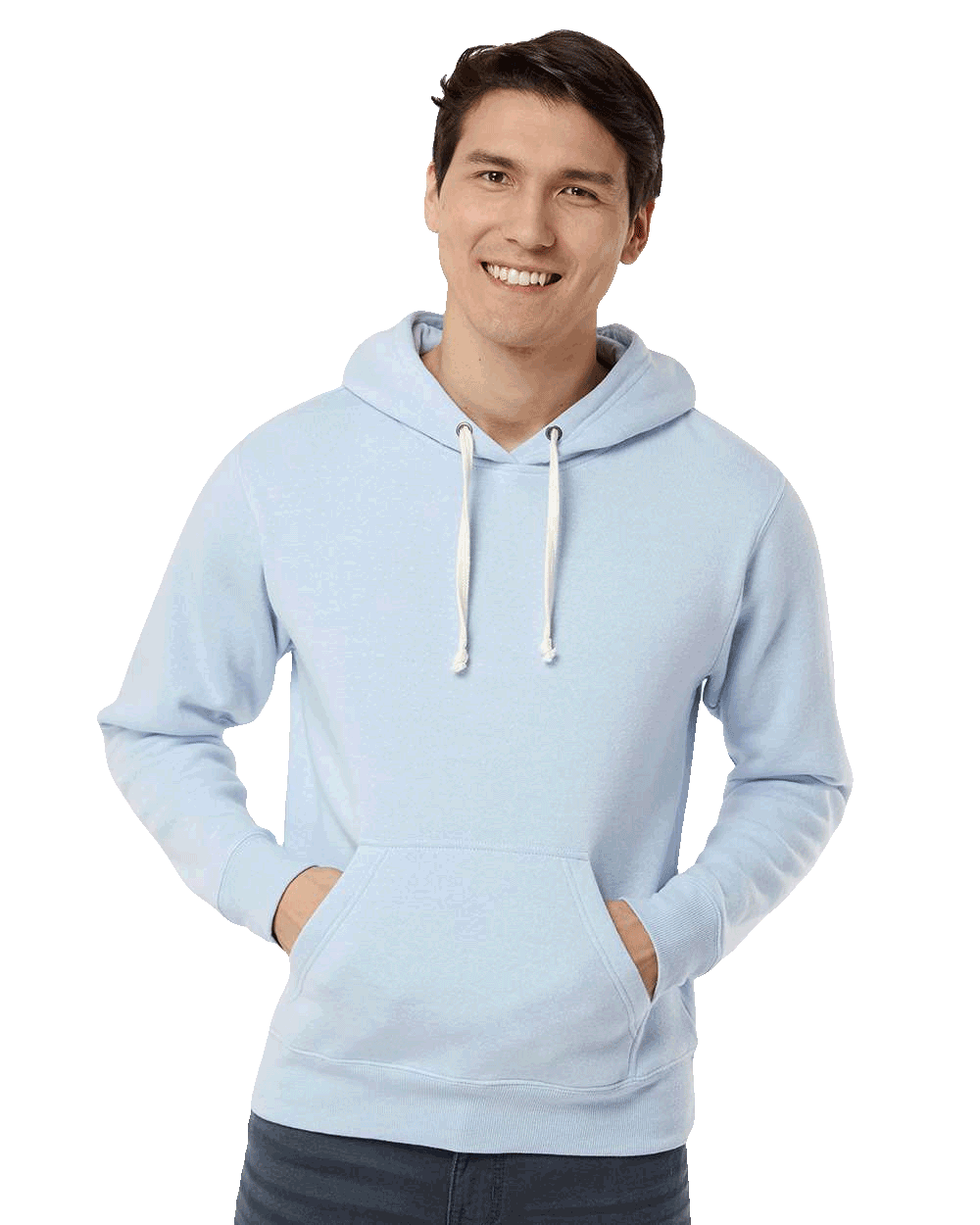 Smiling man in light blue pullover hoodie with white drawstrings and kangaroo pocket, blank for custom screen printing