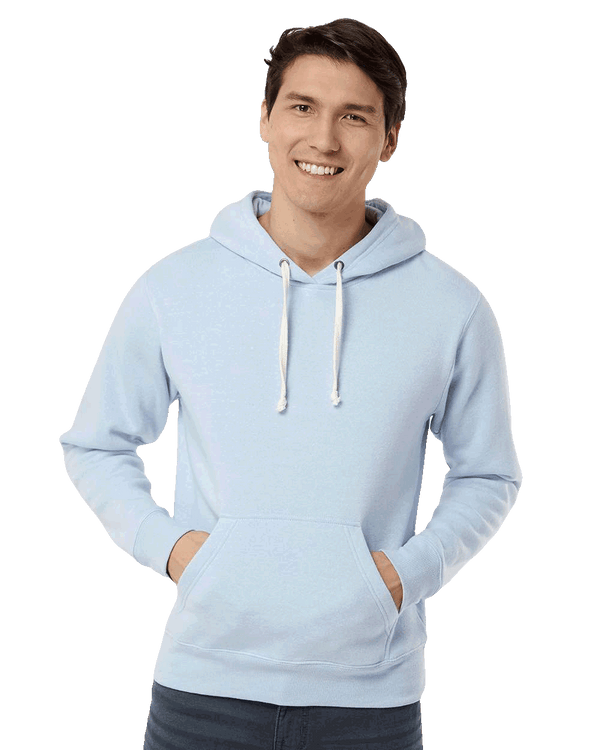 Smiling man in light blue pullover hoodie with white drawstrings and kangaroo pocket, blank for custom screen printing