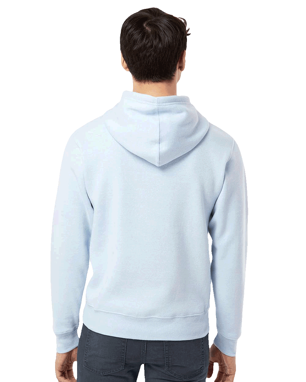 Back view of man wearing light blue pullover hoodie, blank space ideal for custom back print design