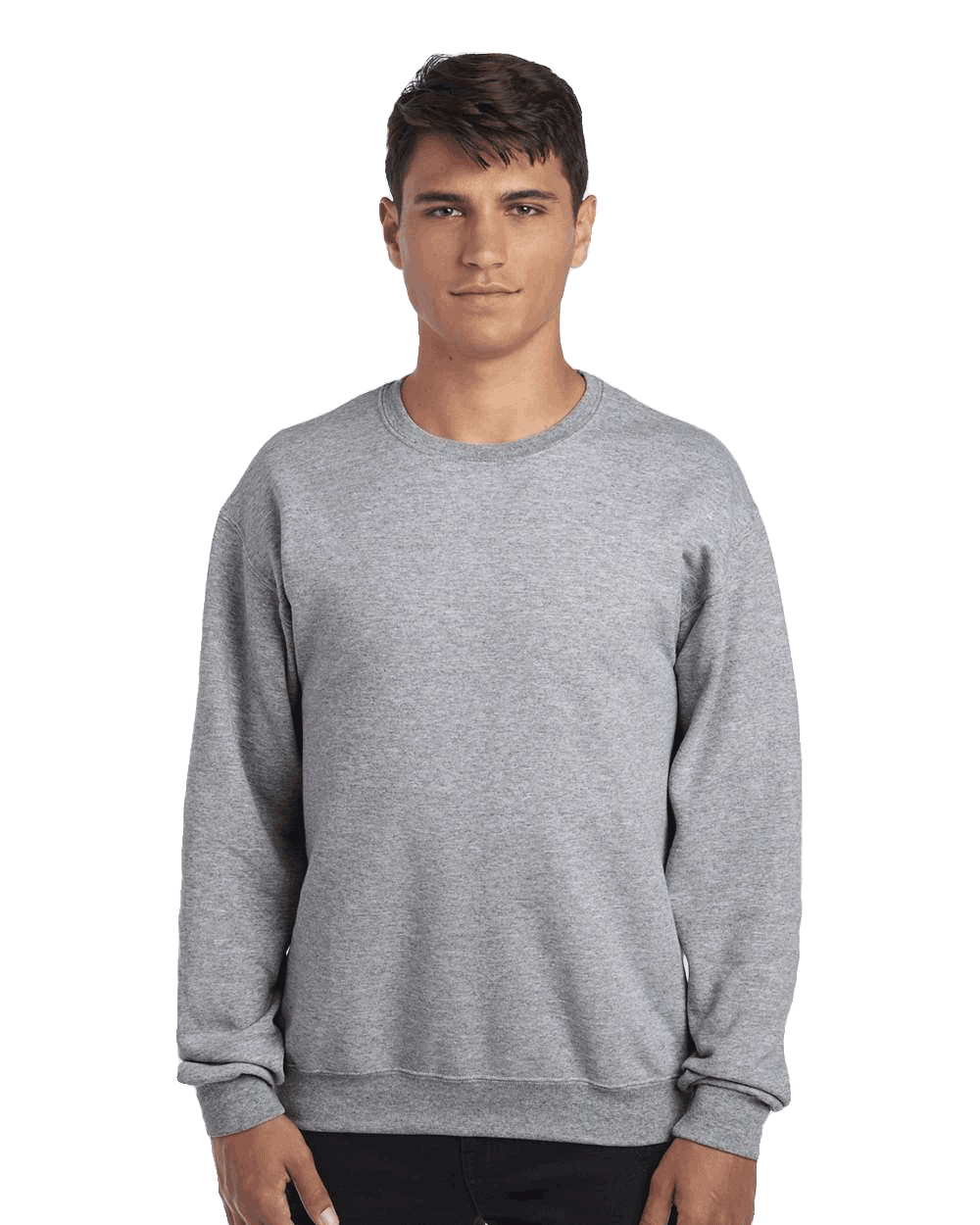 Heather grey crewneck sweatshirt blank on male model, perfect for custom printing and logo design.