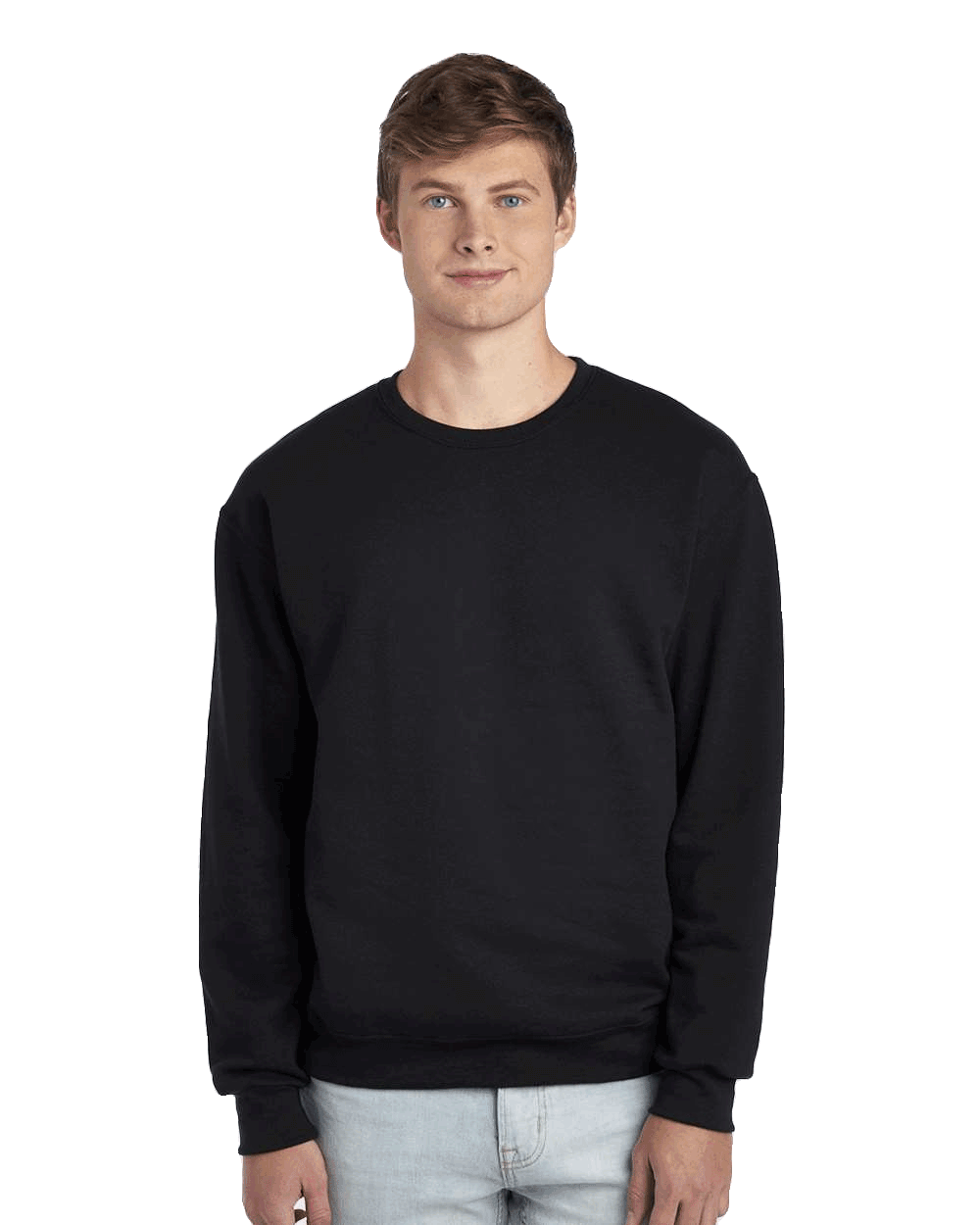 Black crewneck sweatshirt blank template on male model, ideal for custom print and logo apparel design.
