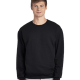 Black crewneck sweatshirt blank template on male model, ideal for custom print and logo apparel design.