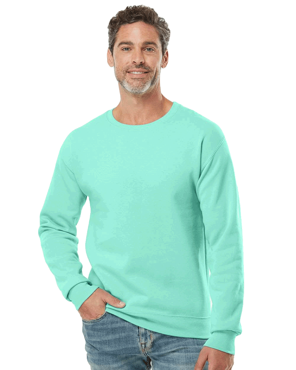 JERZEES Mint green crewneck fleece sweatshirt on male model, unisex blank pullover ready for custom screen printing