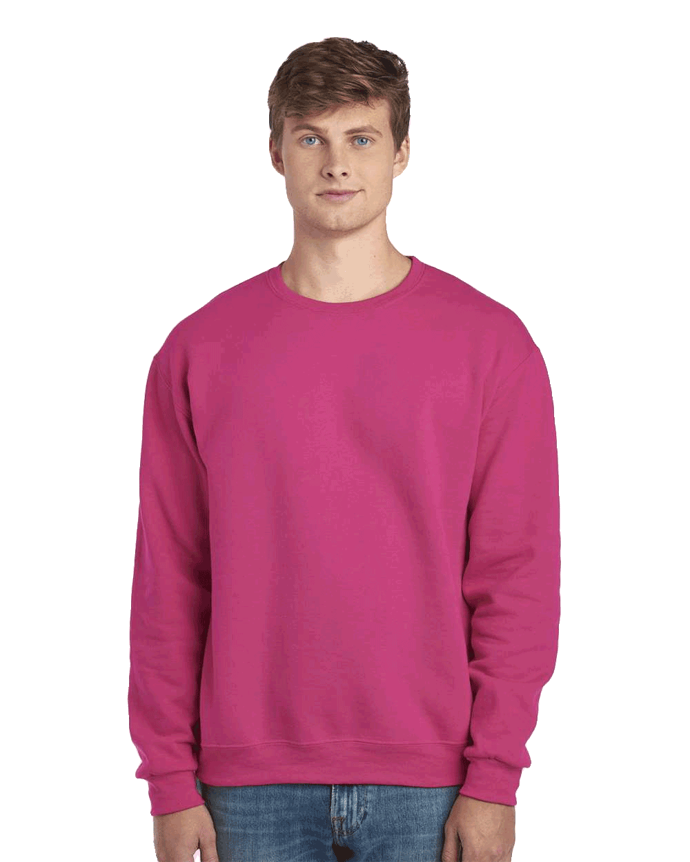JERZEES Cyber pink crewneck fleece sweatshirt on male model, blank pullover perfect for custom screen printing