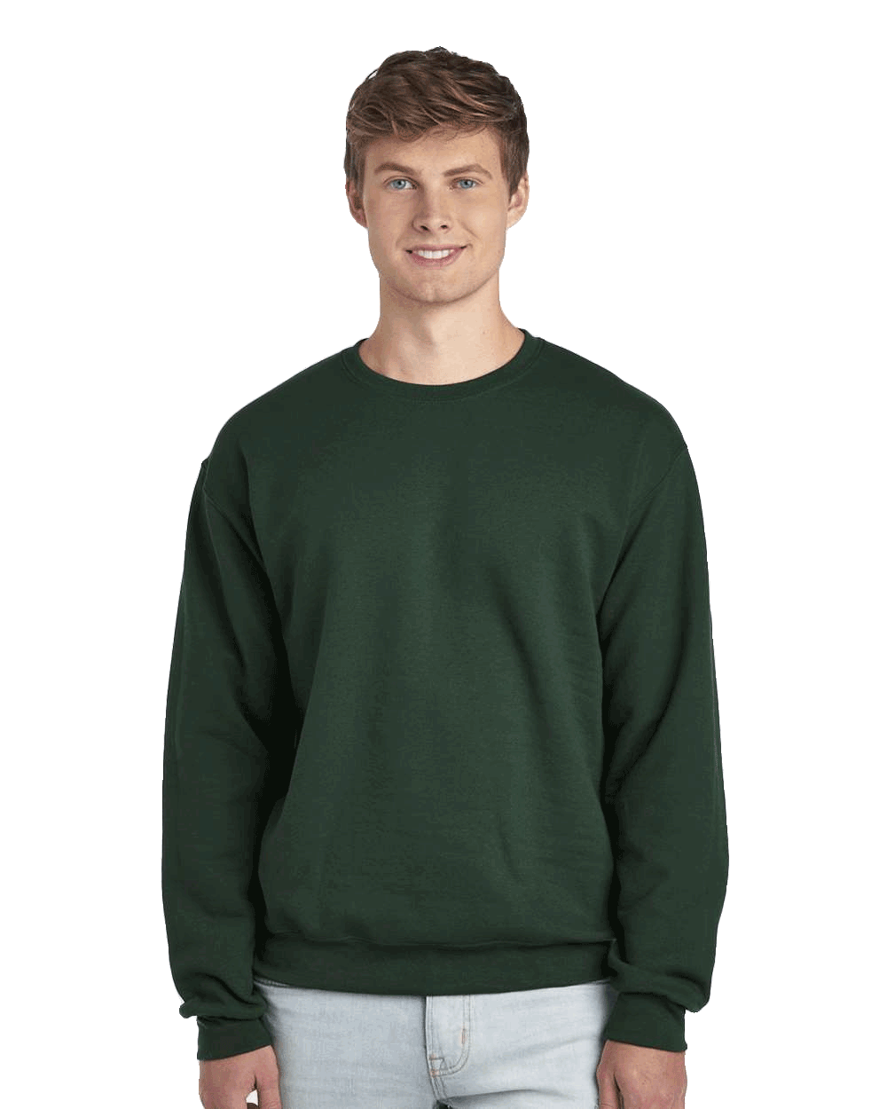 JERZEES Forest Green crewneck fleece sweatshirt on male model, blank pullover ideal for custom screen printing