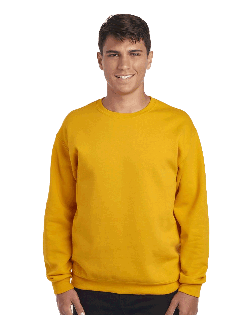 JERZEES Gold crewneck fleece sweatshirt on male model, blank pullover ideal for custom screen printing