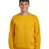 JERZEES Gold crewneck fleece sweatshirt on male model, blank pullover ideal for custom screen printing
