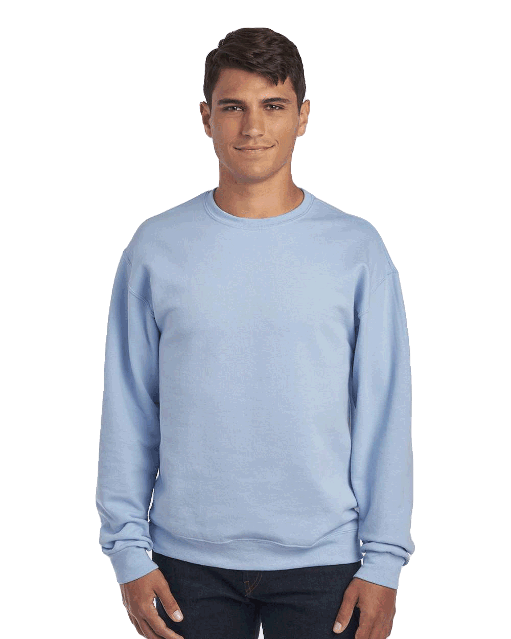 JERZEES Light blue crewneck fleece sweatshirt on male model, blank pullover ready for custom screen-printing or embroidery branding