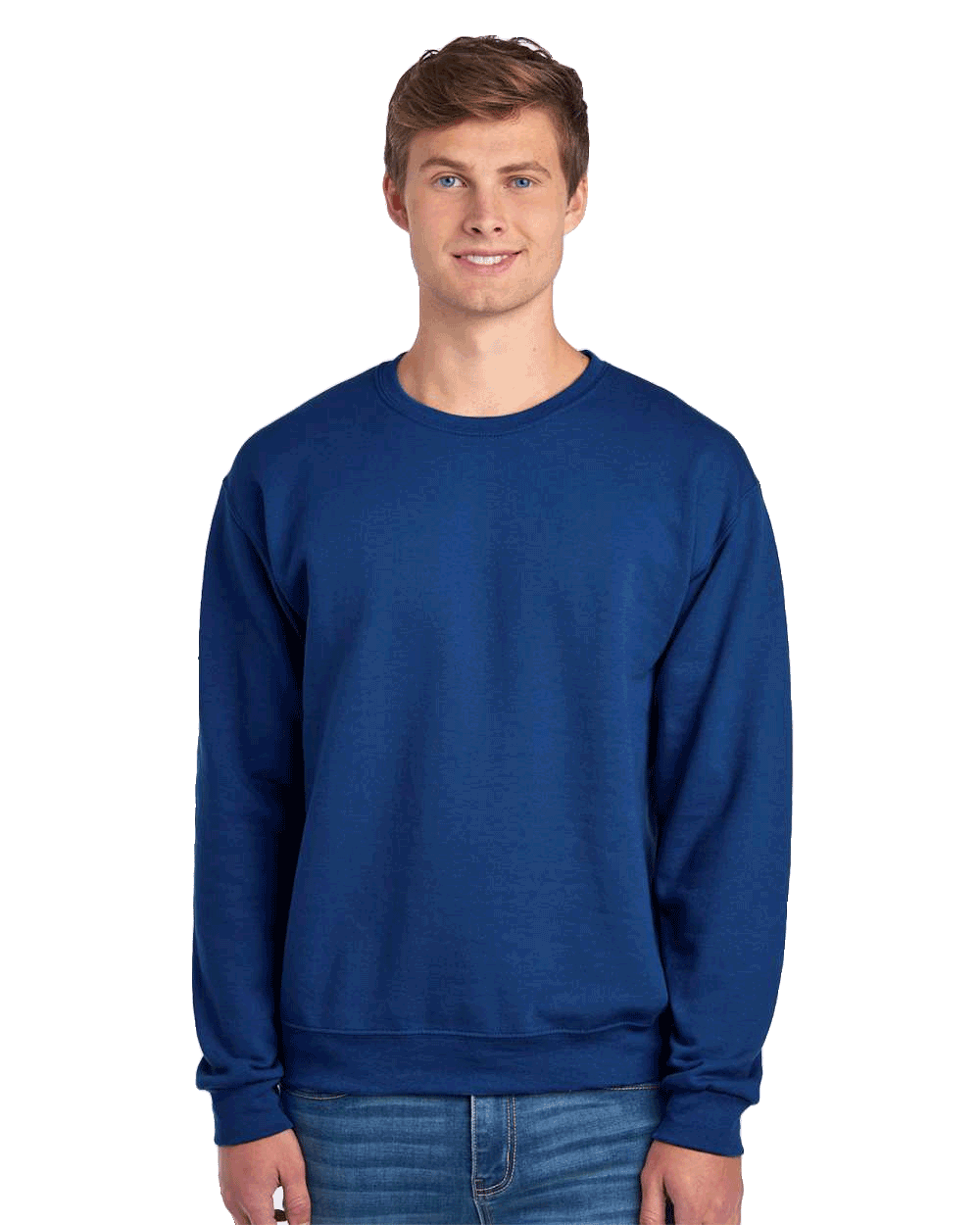 JERZEES Royal blue crewneck sweatshirt on male model, soft fleece blank pullover ideal for custom screen printing and embroidery branding