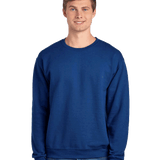 JERZEES Royal blue crewneck sweatshirt on male model, soft fleece blank pullover ideal for custom screen printing and embroidery branding