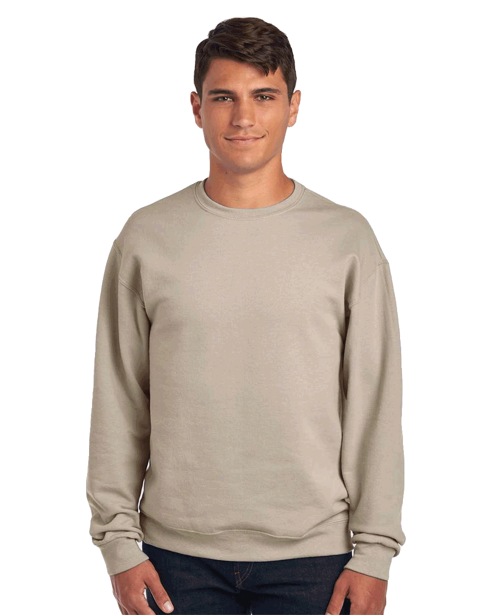 JERZEES Sand beige crewneck sweatshirt blank on male model for custom printing and logo design