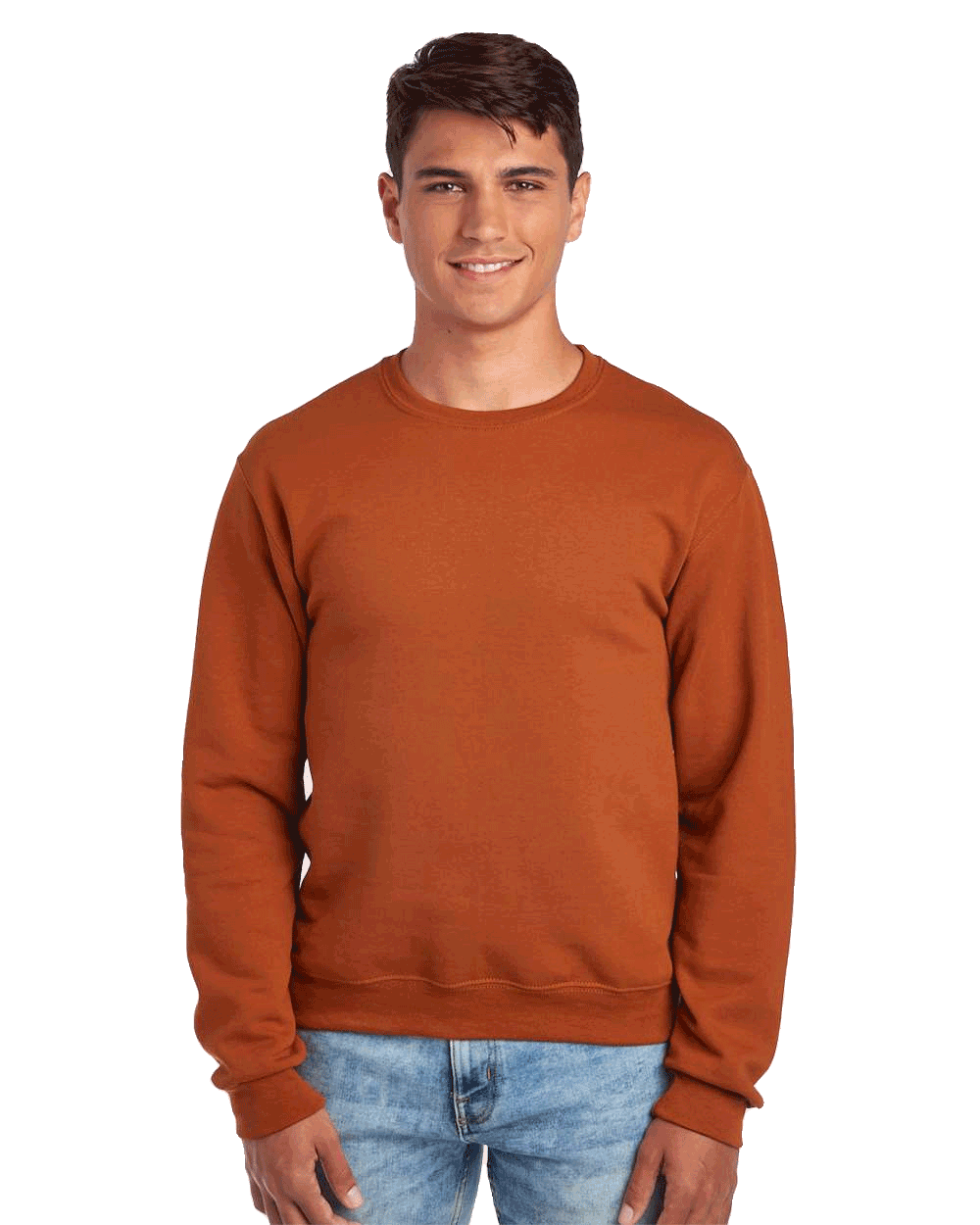 JERZEES Rust orange crewneck sweatshirt blank on male model, ideal for custom printing and logo apparel designs.