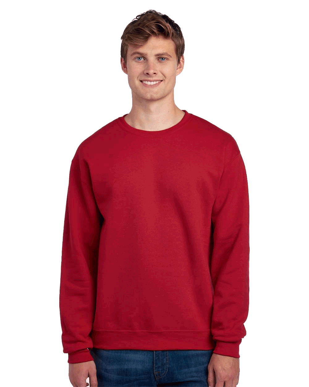 JERZEES Red crewneck sweatshirt blank on male model, perfect for custom printing and logo design.