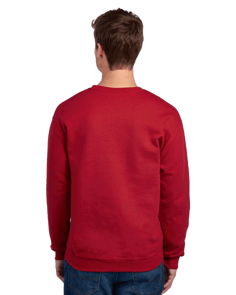 JERZEES back view red crewneck sweatshirt blank on male model, perfect for custom printing and logo design.
