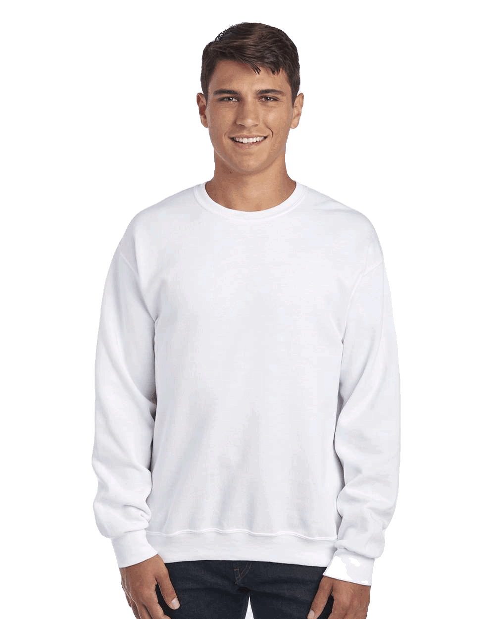 white crewneck sweatshirt blank on male model, perfect for custom printing and logo design.